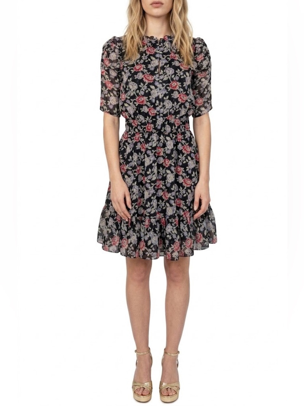Shoshanna Jodelle Metallic Floral Puff Sleeve Mini Dress Size 10 black EUC